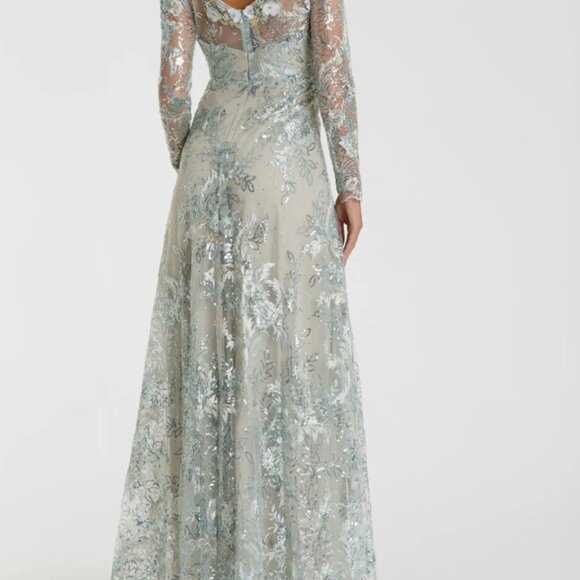 Mac Duggal Green Floral Embroidered Illusion Long Sleeve Gown-Size 4 - Picture 4 of 4